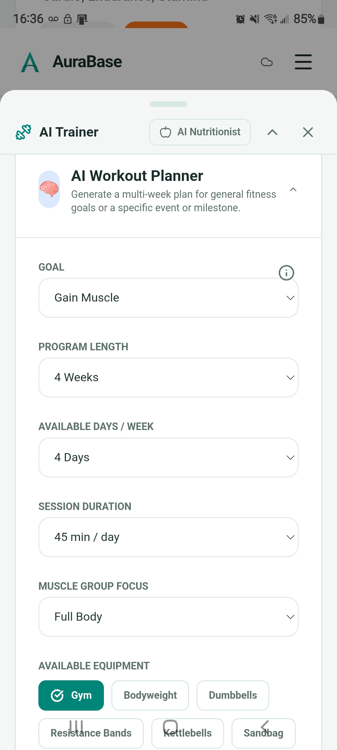 AuraBase AI Workout Planner configuration